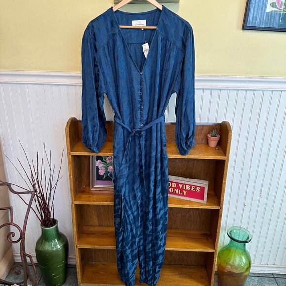Anthropologie Medium green blue button up belted jump suit NWT - Picture 1 of 9